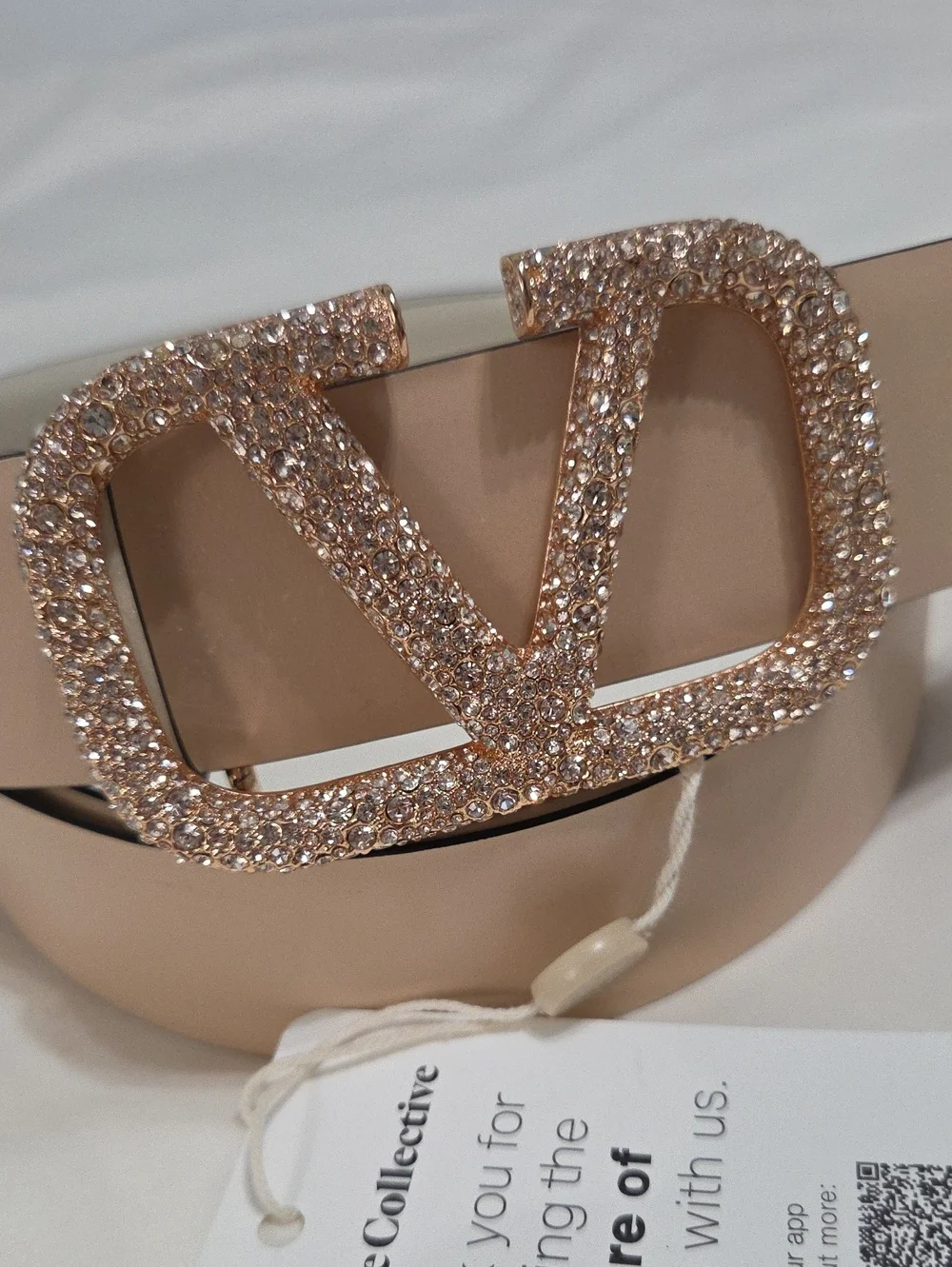 Valentino Garavani Cream White Belt with Rose Gold Sparkle Buckle